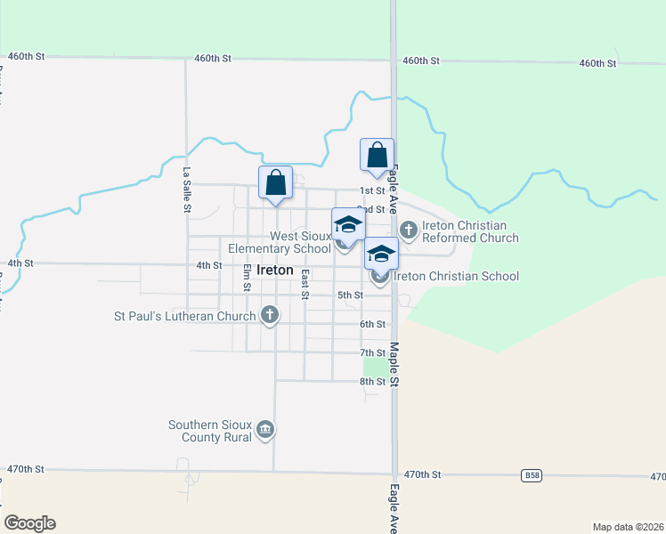 map of restaurants, bars, coffee shops, grocery stores, and more near 200 4th Street in Ireton