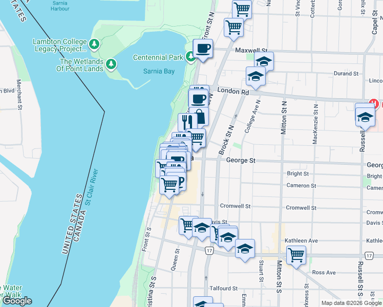 map of restaurants, bars, coffee shops, grocery stores, and more near 162 George Street in Sarnia