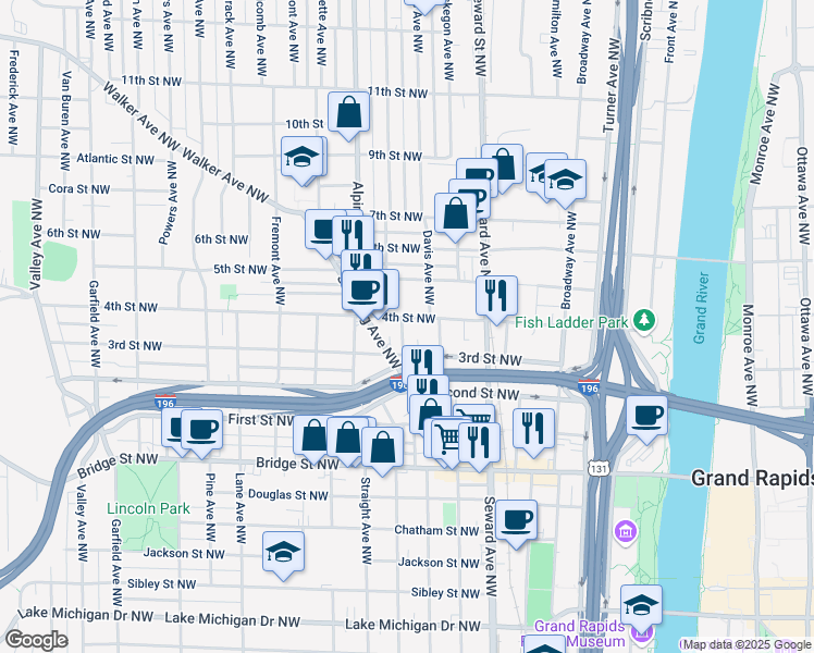 map of restaurants, bars, coffee shops, grocery stores, and more near 628 Mc Reynolds Avenue Northwest in Grand Rapids