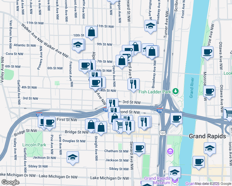 map of restaurants, bars, coffee shops, grocery stores, and more near 648 4th Street Northwest in Grand Rapids