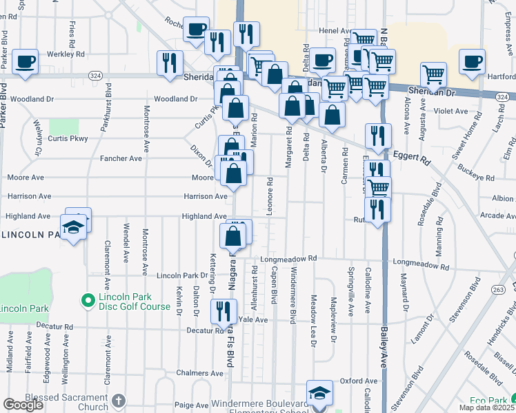 map of restaurants, bars, coffee shops, grocery stores, and more near 91 Marion Road in Buffalo