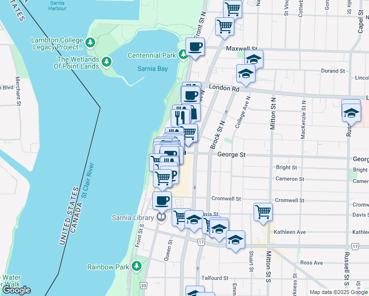 map of restaurants, bars, coffee shops, grocery stores, and more near 162 George Street in Sarnia