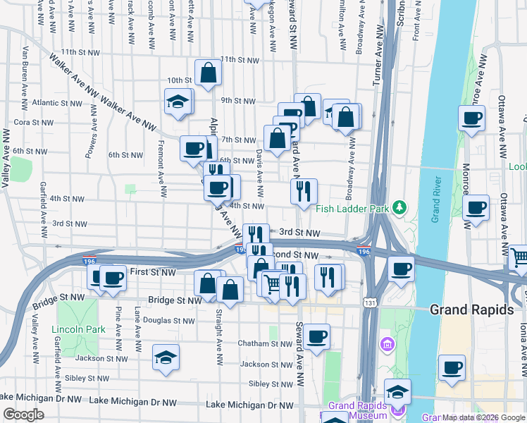 map of restaurants, bars, coffee shops, grocery stores, and more near 642 4th Street Northwest in Grand Rapids