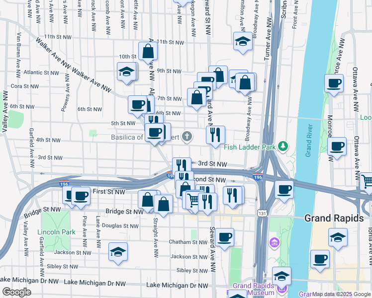 map of restaurants, bars, coffee shops, grocery stores, and more near 642 4th Street Northwest in Grand Rapids
