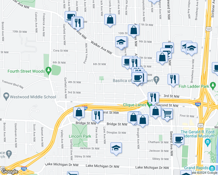 map of restaurants, bars, coffee shops, grocery stores, and more near 922 4th Street Northwest in Grand Rapids