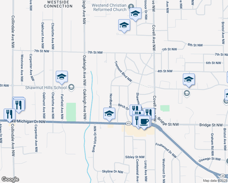 map of restaurants, bars, coffee shops, grocery stores, and more near 545 Nordberg Avenue Northwest in Grand Rapids