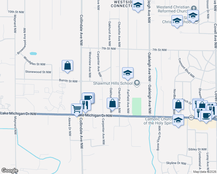 map of restaurants, bars, coffee shops, grocery stores, and more near 552 Oakhurst Avenue Northwest in Grand Rapids