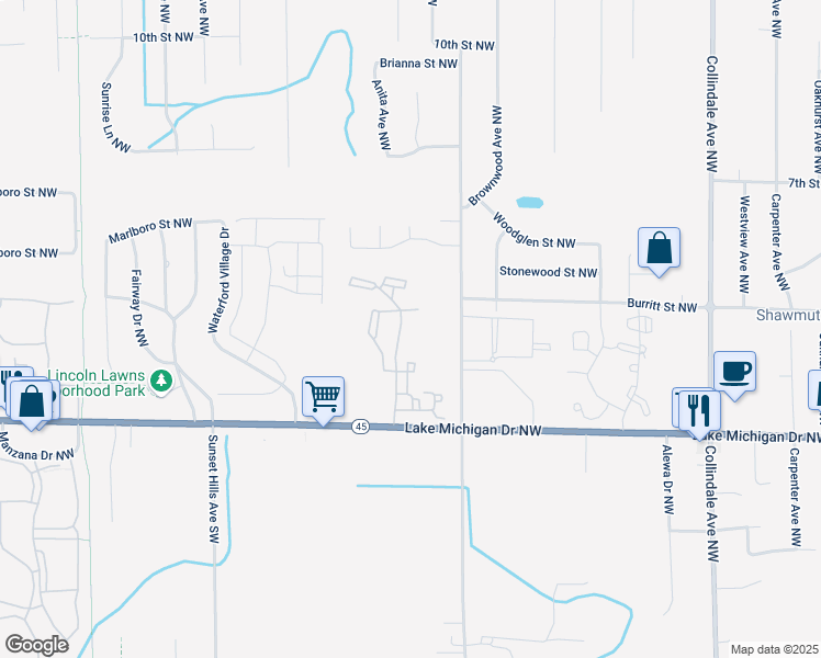 map of restaurants, bars, coffee shops, grocery stores, and more near 530 Bayberry Pointe Drive Northwest in Grand Rapids