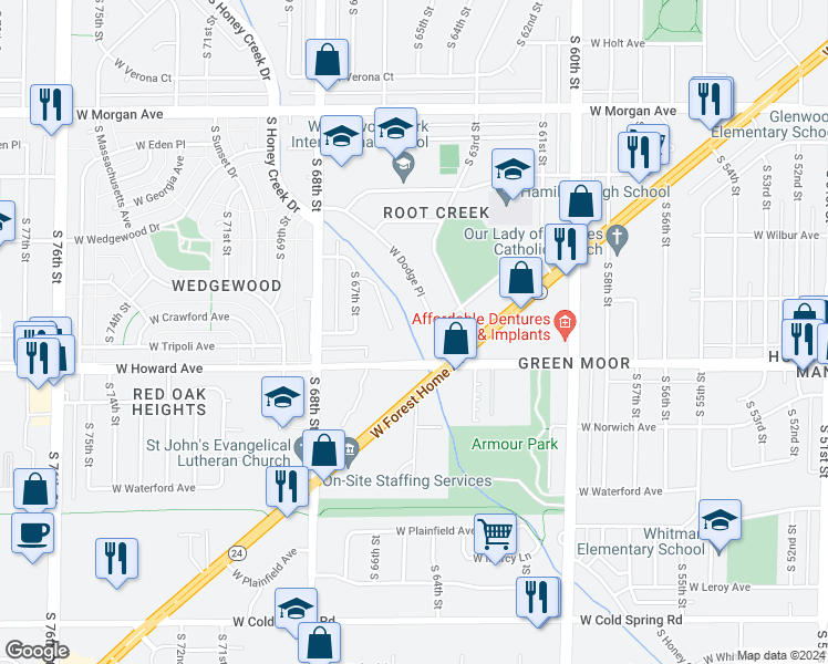 map of restaurants, bars, coffee shops, grocery stores, and more near 3842 South Marcy Street in Milwaukee