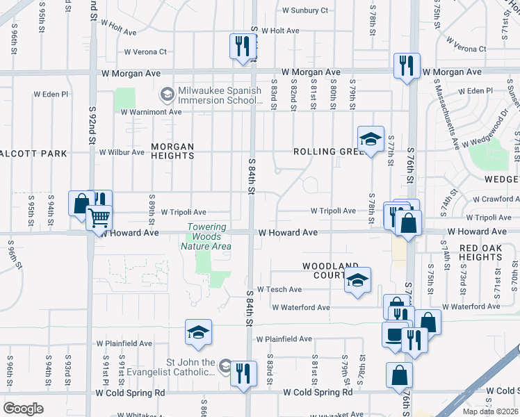 map of restaurants, bars, coffee shops, grocery stores, and more near 3817 South 83rd Street in Milwaukee
