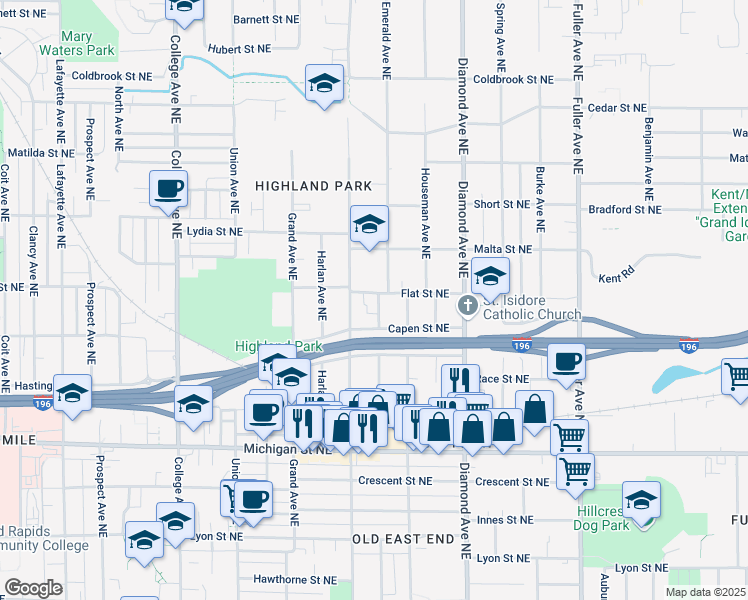 map of restaurants, bars, coffee shops, grocery stores, and more near 824 Flat St NE in Grand Rapids