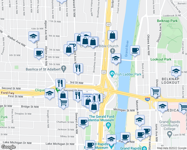 map of restaurants, bars, coffee shops, grocery stores, and more near 4th St NW & Broadway Ave NW in Grand Rapids