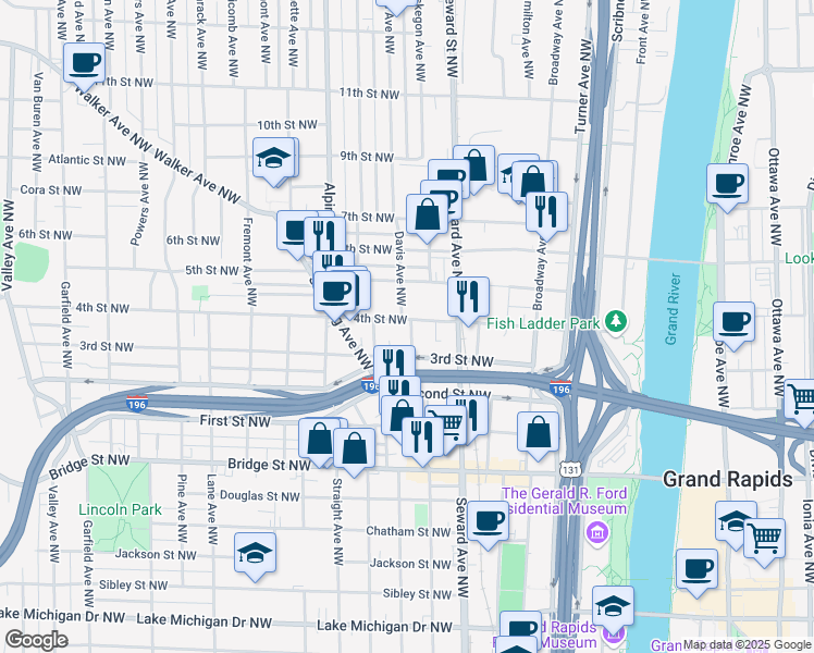 map of restaurants, bars, coffee shops, grocery stores, and more near 648 4th Street Northwest in Grand Rapids