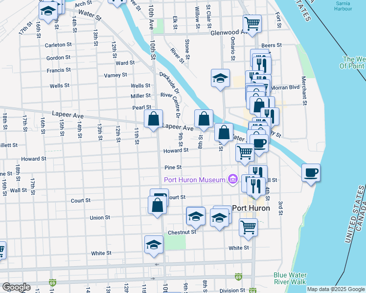 map of restaurants, bars, coffee shops, grocery stores, and more near 835 Howard Street in Port Huron