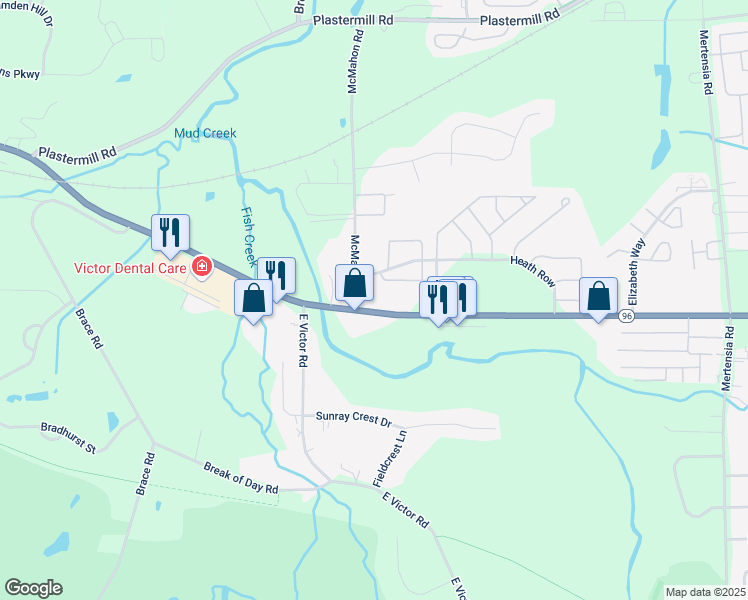 map of restaurants, bars, coffee shops, grocery stores, and more near 6424 96 in Victor