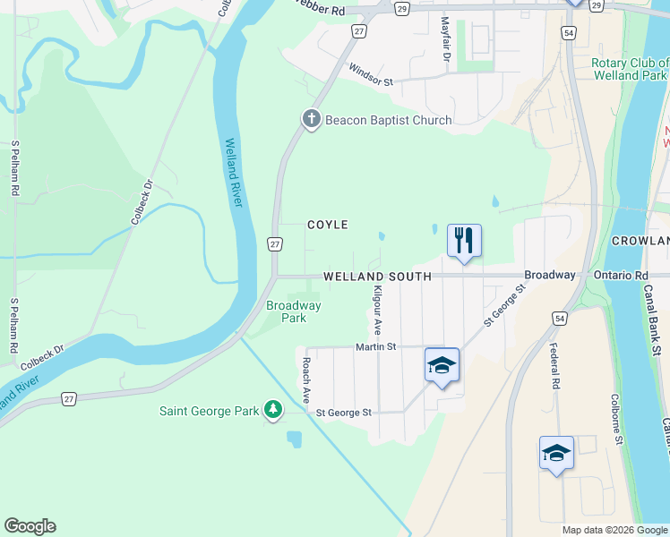 map of restaurants, bars, coffee shops, grocery stores, and more near 637 Broadway in Welland