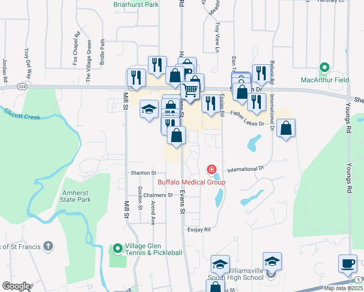 map of restaurants, bars, coffee shops, grocery stores, and more near 395 Evans Street in Williamsville