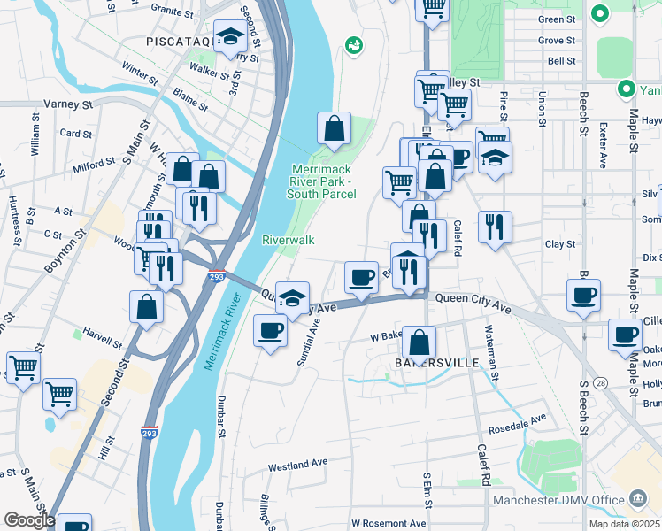 map of restaurants, bars, coffee shops, grocery stores, and more near 163 Hancock Street in Manchester