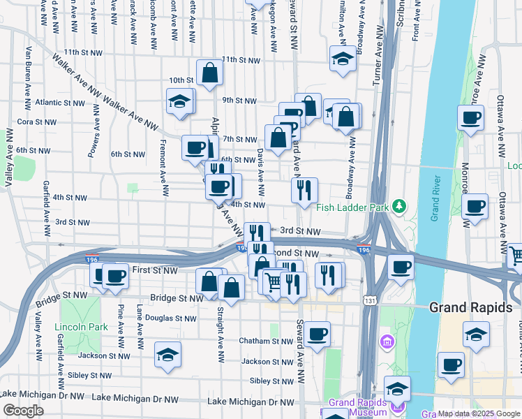 map of restaurants, bars, coffee shops, grocery stores, and more near 660 4th Street Northwest in Grand Rapids