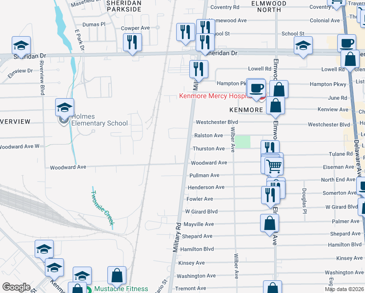 map of restaurants, bars, coffee shops, grocery stores, and more near 1362 Military Road in Tonawanda Town