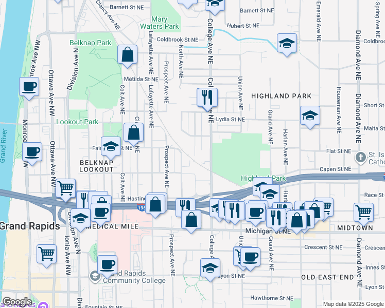 map of restaurants, bars, coffee shops, grocery stores, and more near 637 Sinclair Avenue Northeast in Grand Rapids