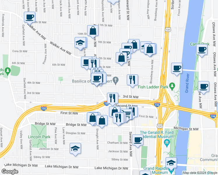 map of restaurants, bars, coffee shops, grocery stores, and more near 720 4th Street Northwest in Grand Rapids