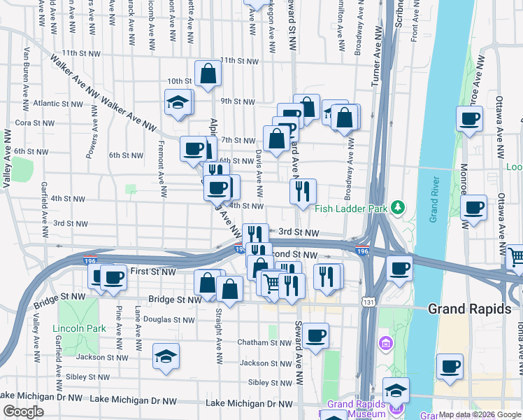 map of restaurants, bars, coffee shops, grocery stores, and more near 656 4th Street Northwest in Grand Rapids
