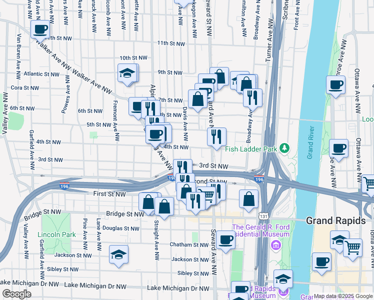 map of restaurants, bars, coffee shops, grocery stores, and more near 660 4th Street Northwest in Grand Rapids