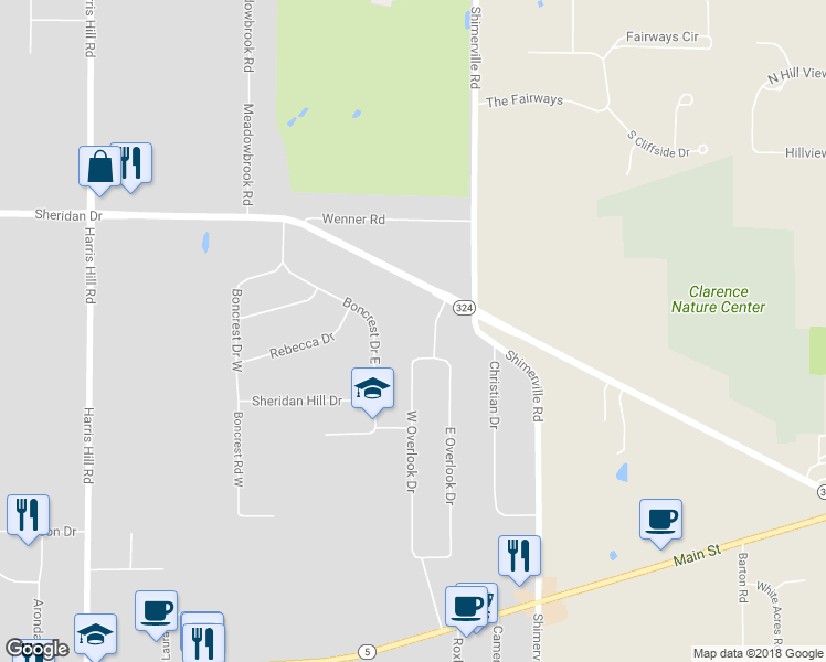 map of restaurants, bars, coffee shops, grocery stores, and more near 4660 Overlook Drive in Buffalo