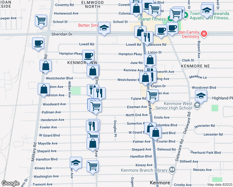map of restaurants, bars, coffee shops, grocery stores, and more near 116 Brendan Ave in Buffalo