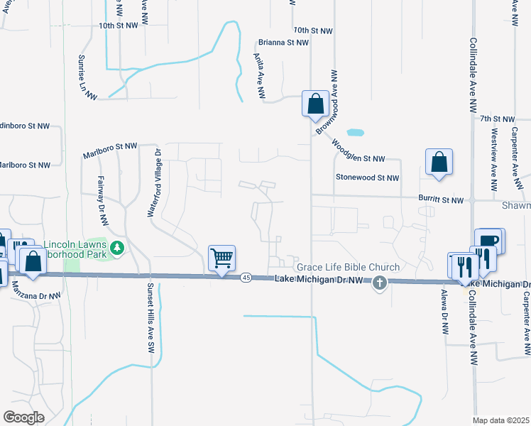 map of restaurants, bars, coffee shops, grocery stores, and more near 530 Bayberry Pointe Drive Northwest in Grand Rapids