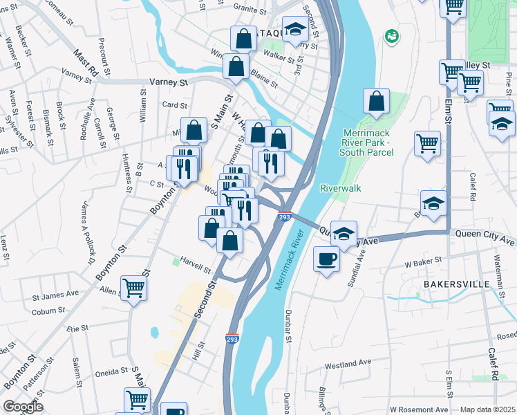 map of restaurants, bars, coffee shops, grocery stores, and more near 500 Second Street in Manchester