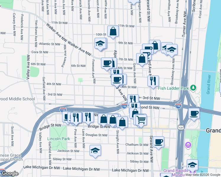 map of restaurants, bars, coffee shops, grocery stores, and more near 834 4th Street Northwest in Grand Rapids