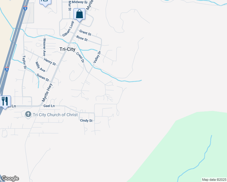 map of restaurants, bars, coffee shops, grocery stores, and more near 345 Crest Drive in Myrtle Creek