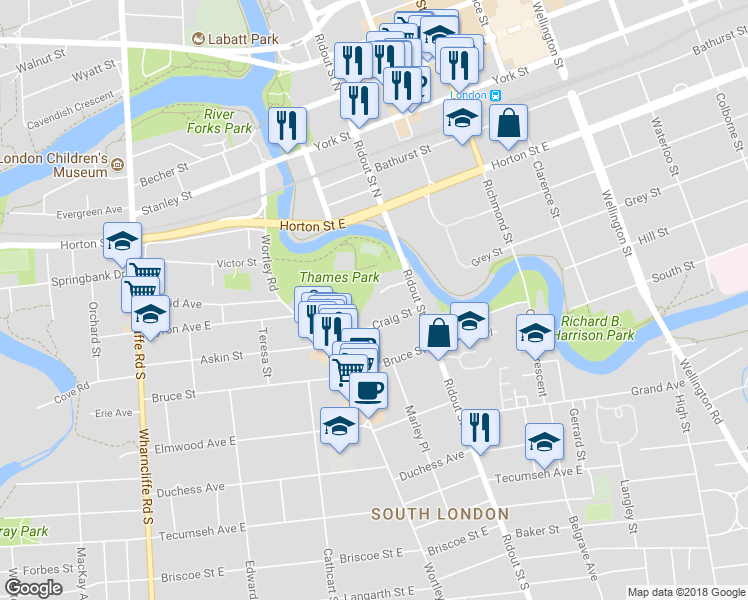 map of restaurants, bars, coffee shops, grocery stores, and more near 2 Ingleside Place in London