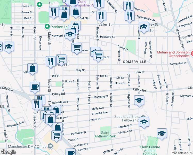 map of restaurants, bars, coffee shops, grocery stores, and more near 78 South Belmont Street in Manchester