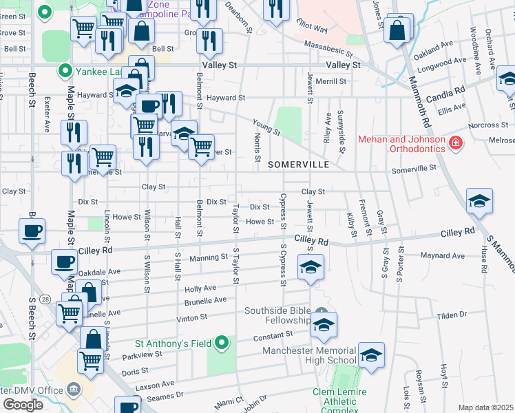 map of restaurants, bars, coffee shops, grocery stores, and more near 820 Dix Street in Manchester
