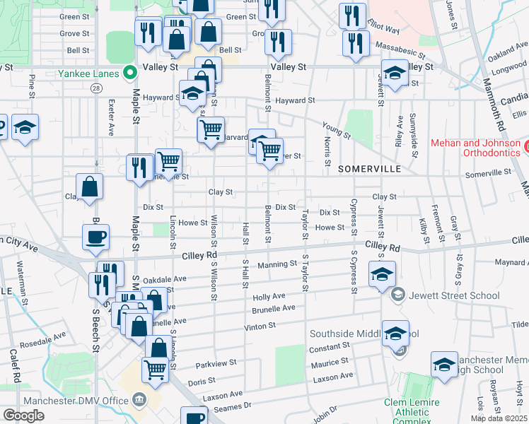 map of restaurants, bars, coffee shops, grocery stores, and more near 78 South Belmont Street in Manchester