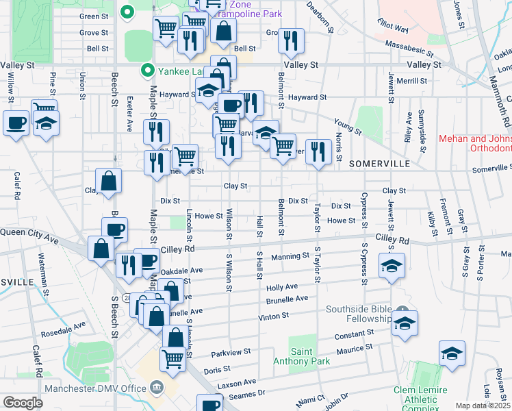 map of restaurants, bars, coffee shops, grocery stores, and more near 653 Dix Street in Manchester