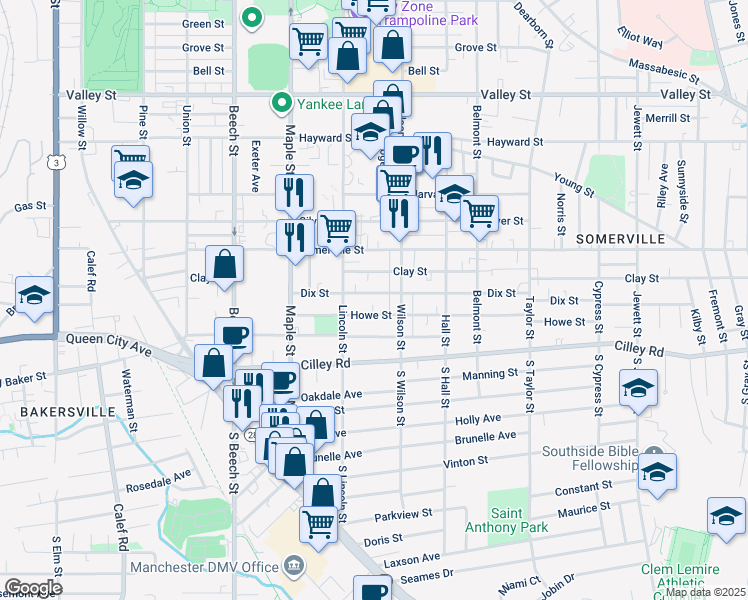 map of restaurants, bars, coffee shops, grocery stores, and more near 535 Dix Street in Manchester