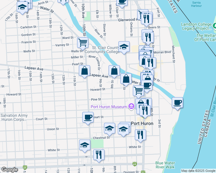 map of restaurants, bars, coffee shops, grocery stores, and more near 825 8th Street in Port Huron