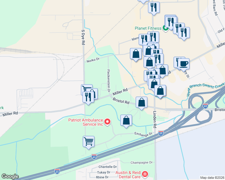 map of restaurants, bars, coffee shops, grocery stores, and more near 5162 Miller Road in Flint