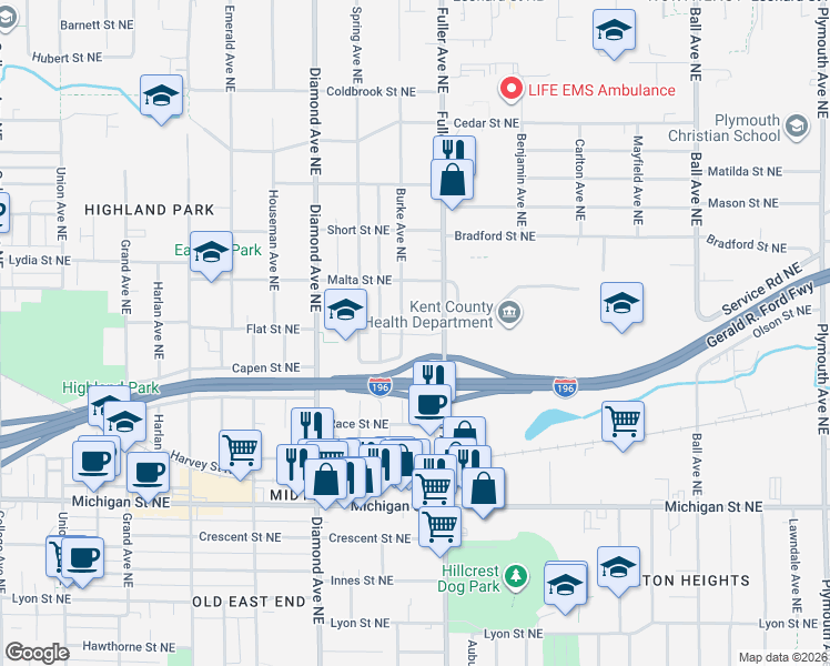 map of restaurants, bars, coffee shops, grocery stores, and more near 700 Burke Avenue Northeast in Grand Rapids
