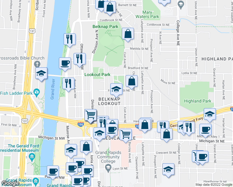 map of restaurants, bars, coffee shops, grocery stores, and more near 122 Fairbanks Street Northeast in Grand Rapids