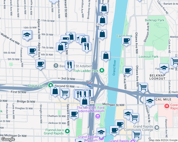 map of restaurants, bars, coffee shops, grocery stores, and more near 645 Turner Avenue Northwest in Grand Rapids