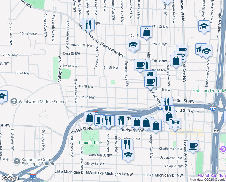 map of restaurants, bars, coffee shops, grocery stores, and more near 626 Pine Avenue Northwest in Grand Rapids