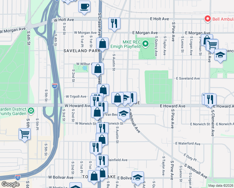 map of restaurants, bars, coffee shops, grocery stores, and more near 3826 South Austin Street in Milwaukee
