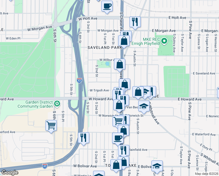 map of restaurants, bars, coffee shops, grocery stores, and more near 158 West Tripoli Avenue in Milwaukee