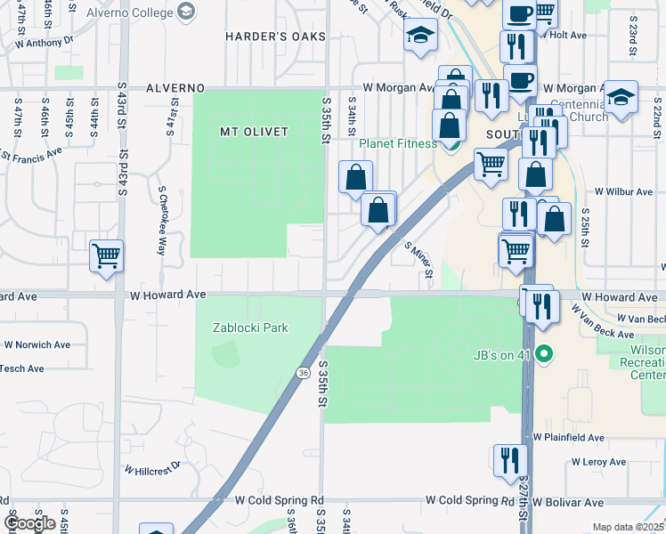 map of restaurants, bars, coffee shops, grocery stores, and more near 3833 South 35th Street in Greenfield