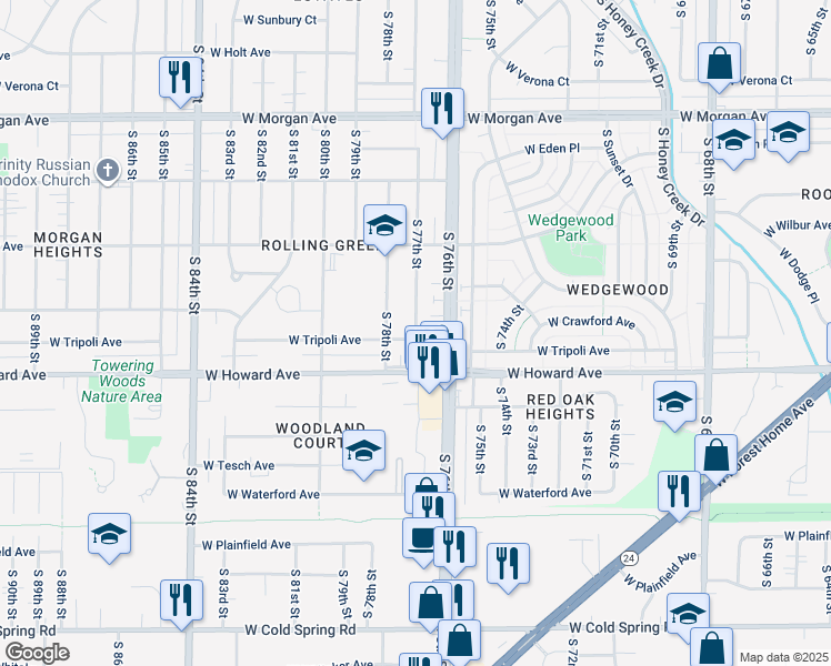 map of restaurants, bars, coffee shops, grocery stores, and more near 3827 South 77th Street in Milwaukee